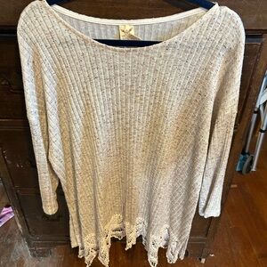 Faded Glory Cream Knit Top with Lace Hem